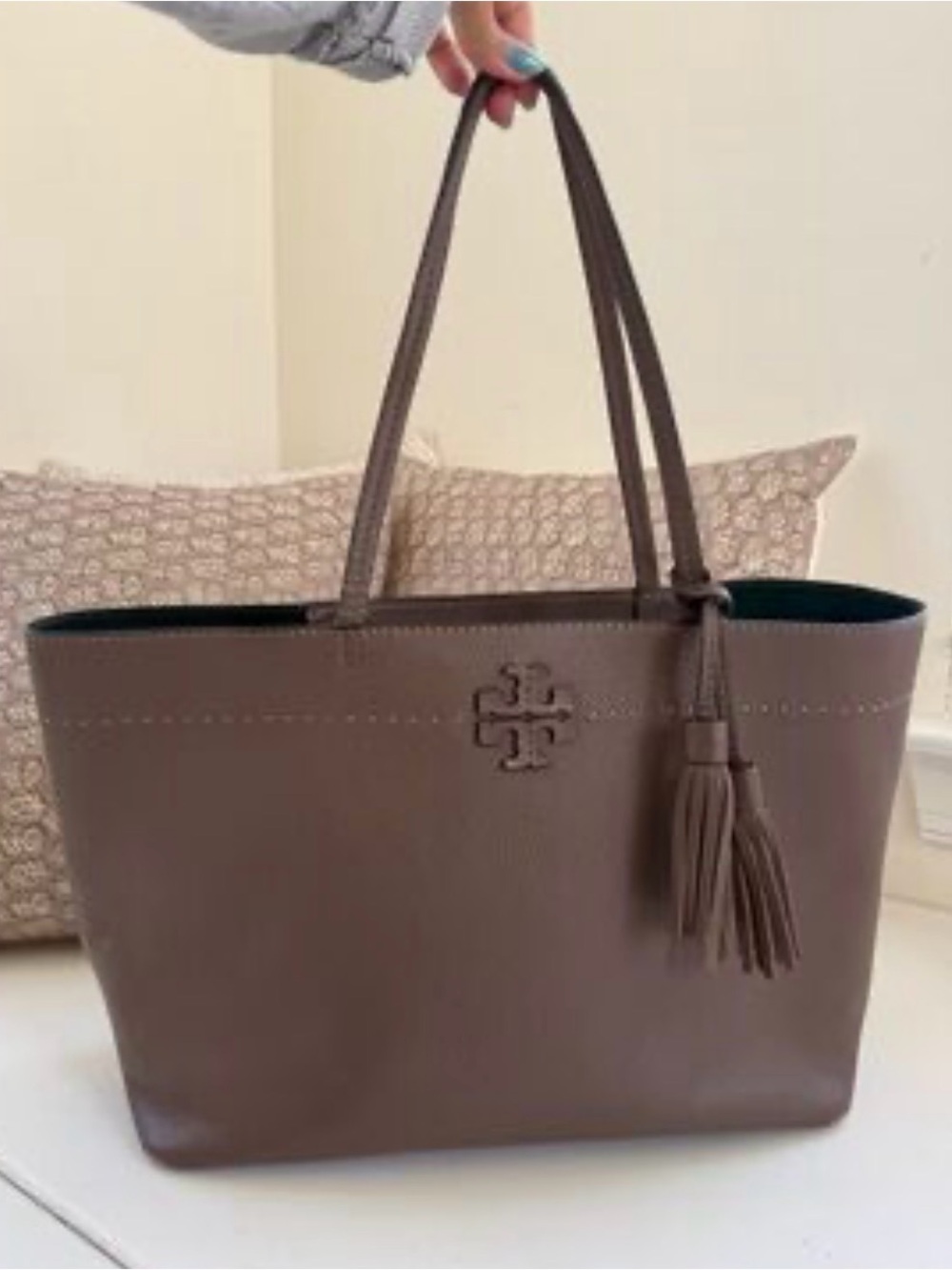 Tory Burch Taupe Pebbled Leather Tote with Tassel